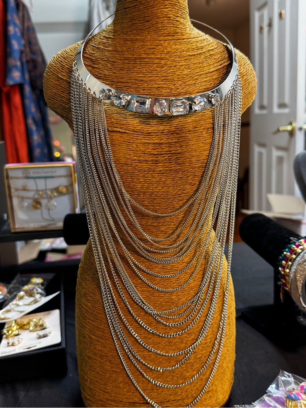 Silver Multi-Strand Fringe Necklace with Clear Crystal Accents